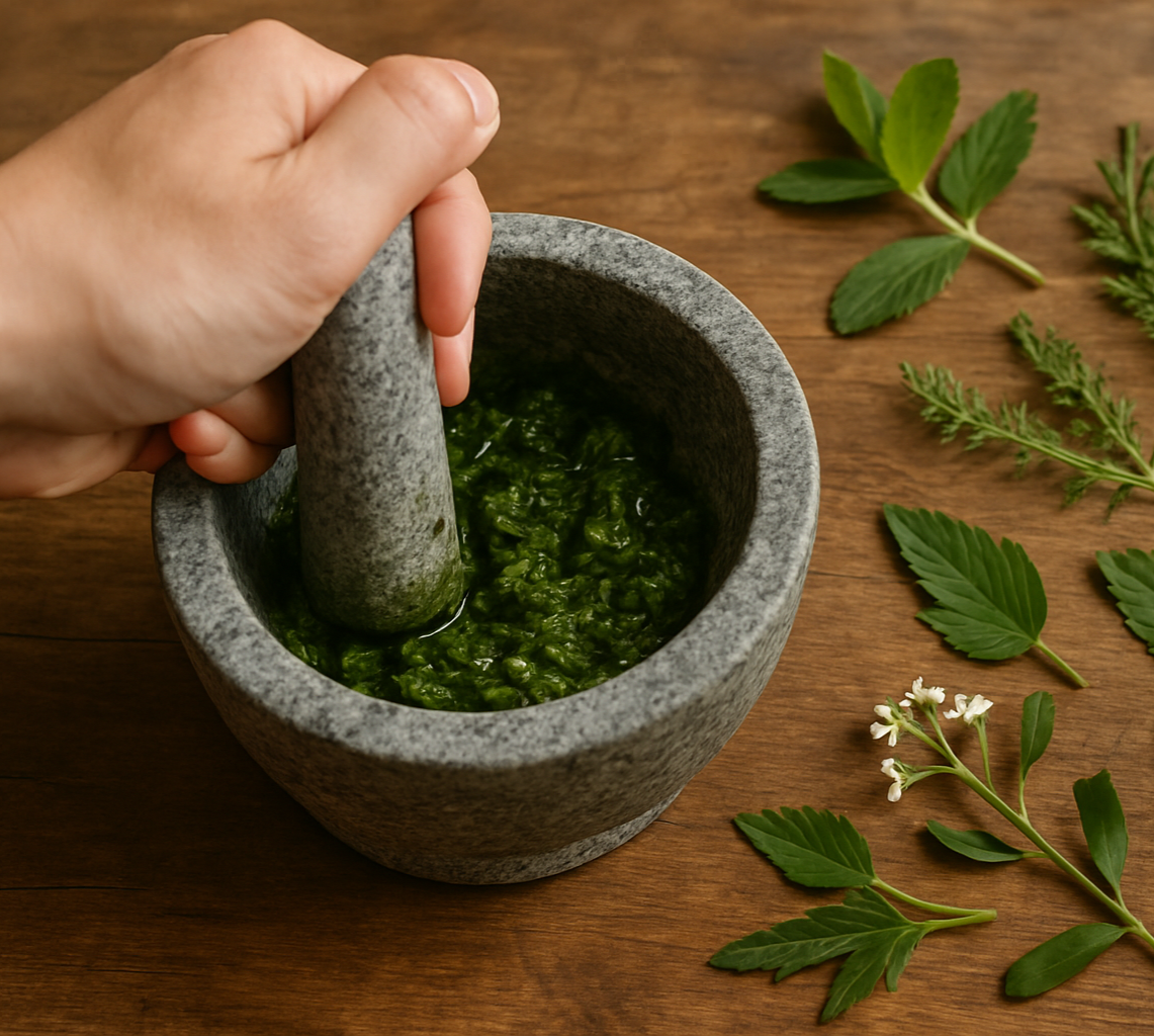 same image but the herbs are wet not dry and there are fresh cut plants on the table next to the bowl